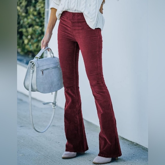 NWOT Woman's Burgundy Corduroy Flare Leg, Elastic Waist Trousers. Size Small - Picture 1 of 7